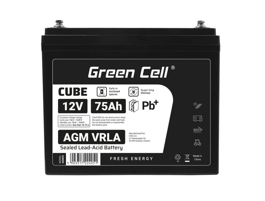 Μπαταρία Green Cell CUBE AGM IP54 12V 75Ah VRLA Gel